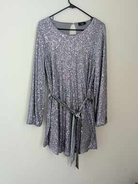 Vici Silver Sequin Long-Sleeve Belted Dress
